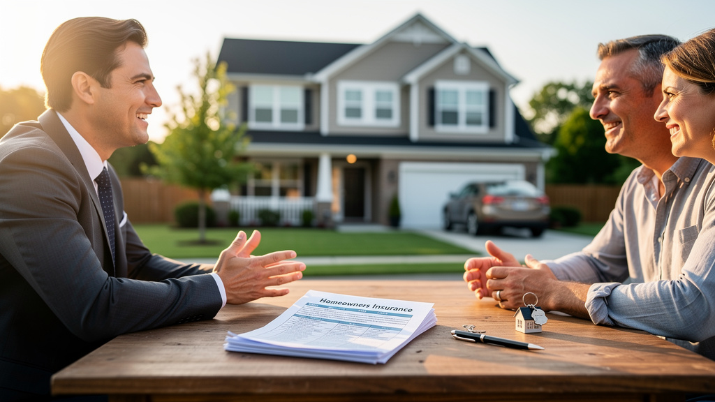 Sincere conversation between an insurance agent and a couple reviewing policies on a table in front of their home.