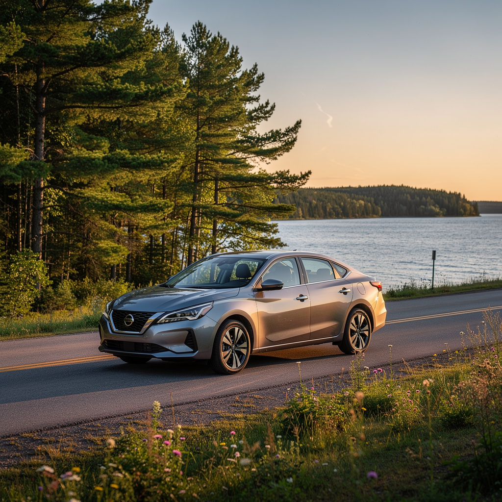Minnesota Auto Insurance – Secure Local Coverage A modern vehicle safely parked on a paved Minnesota road by a calm blue lake and dense pine forest during golden hour.