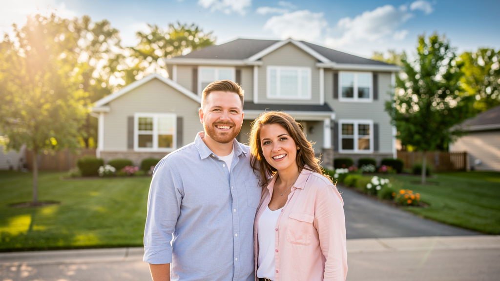 A happy family standing in front of their suburban home, representing reliable and affordable insurance in Cottage Grove, MN.