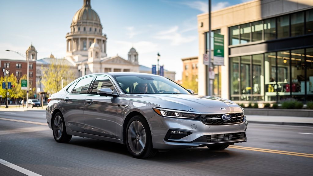 A modern silver sedan driving smoothly down a clean street in downtown Saint Paul, Minnesota. The iconic Saint Paul Cathedral dome is visible in the soft-focus background under a clear blue sky.