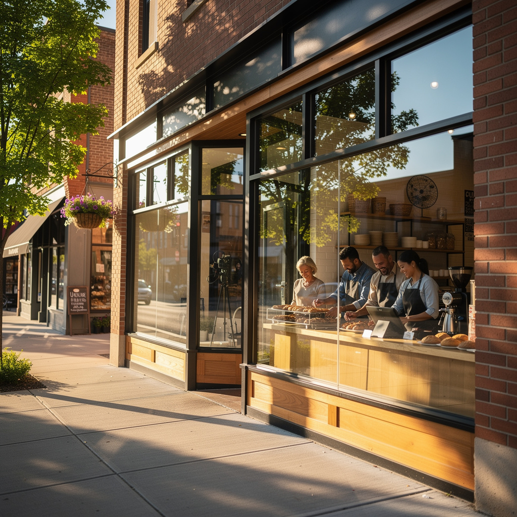 comprehensive-minnesota-business-insurance.jpg A thriving local storefront on a clean Minnesota Main Street under bright sunlight, representing secure commercial insurance.
