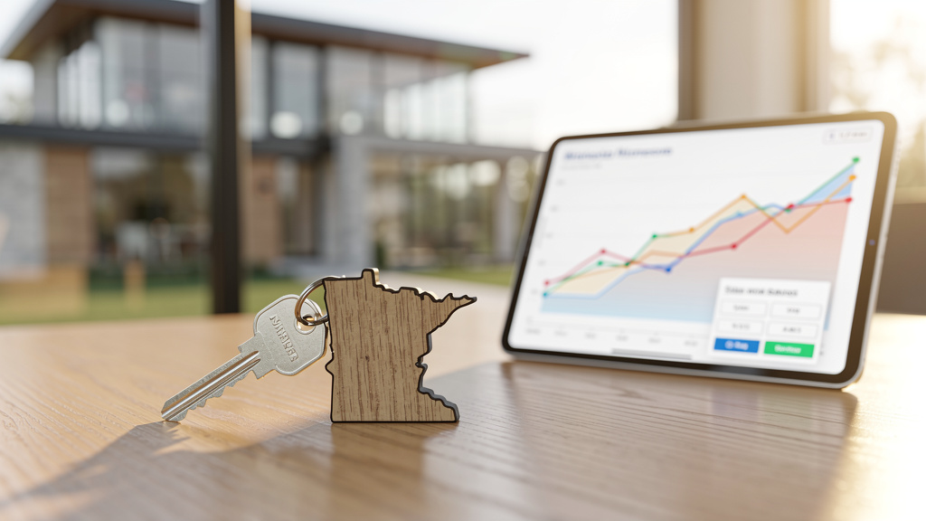 A house key with a Minnesota keychain next to a savings chart, representing a guide to MN homeowners insurance.