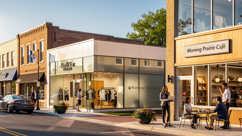 minnesota-small-business-insurance.jpg A vibrant Minnesota main street with local small businesses, representing commercial insurance coverage options.