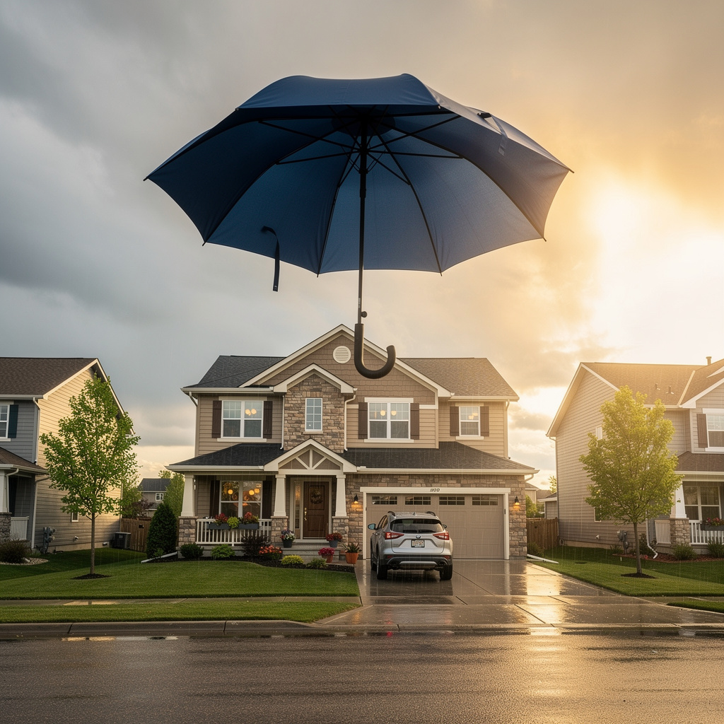 minnesota-umbrella-insurance-extra-protection.jpg A large blue umbrella symbolically shielding a suburban home and car in a Minnesota neighborhood under breaking sunshine.