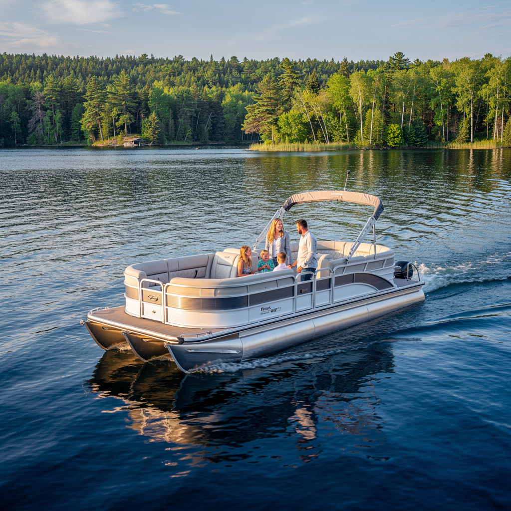 reliable-minnesota-boat-watercraft-insurance.jpg A modern boat cruising safely on a clear blue Minnesota lake surrounded by pine forests under warm afternoon sunlight.