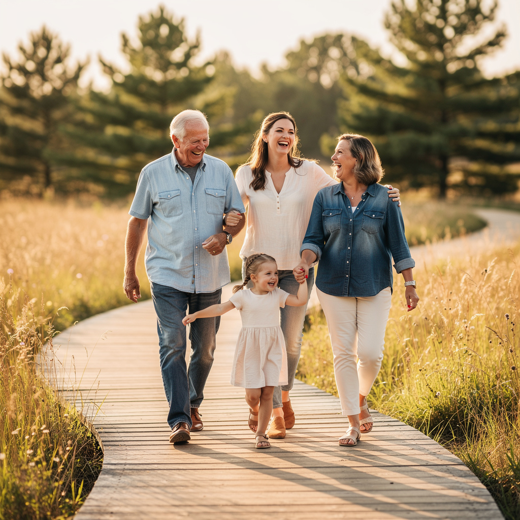 secure-minnesota-life-insurance-legacy.jpg A happy multi-generational family walking and laughing together on a park boardwalk trail during a golden Minnesota afternoon.