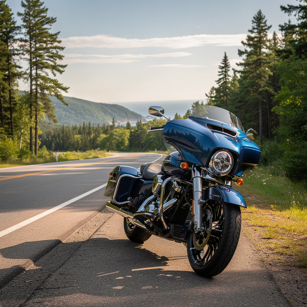 secure-minnesota-motorcycle-insurance.jpg A polished cruiser motorcycle parked safely on the shoulder of a scenic Minnesota highway surrounded by pine forests.
