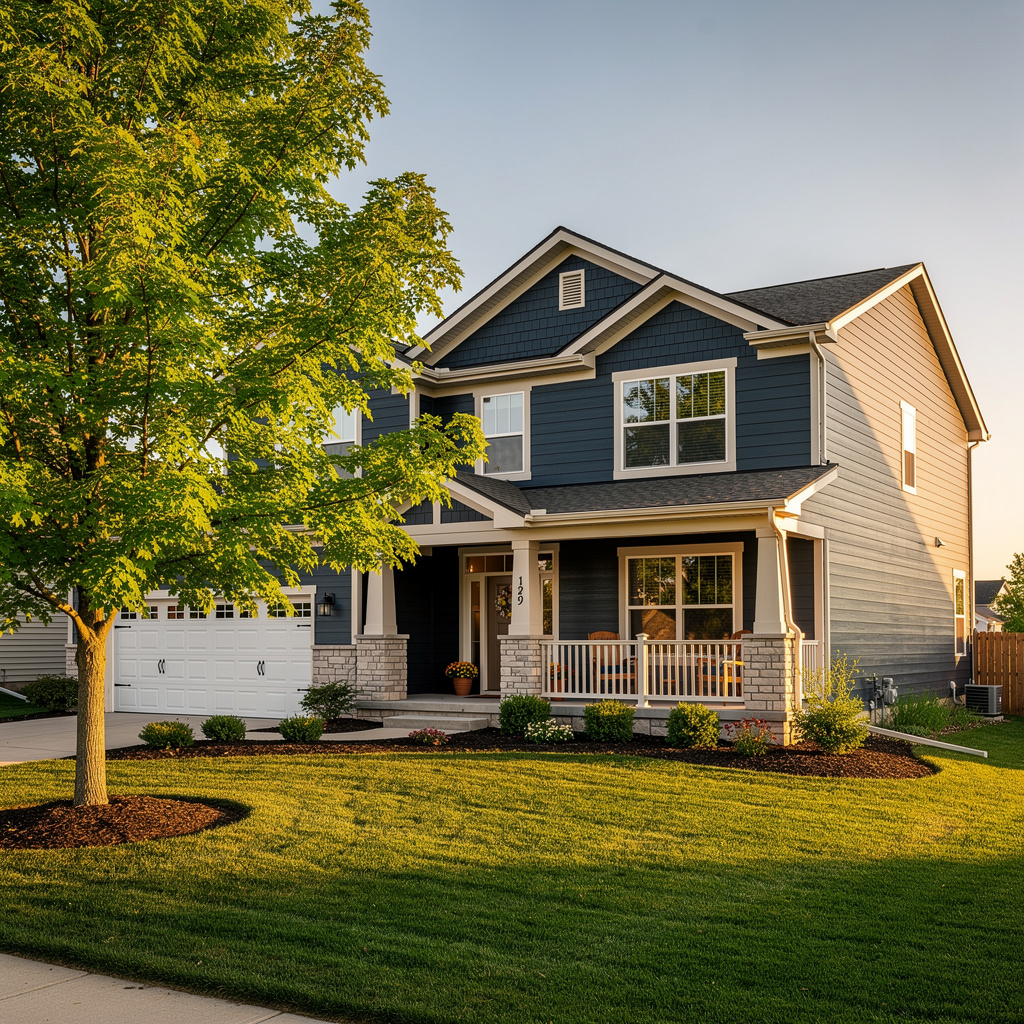 trusted-minnesota-home-insurance-agency.jpg A beautiful two-story family home with blue siding and a green lawn under warm golden sunlight in a Minnesota neighborhood.