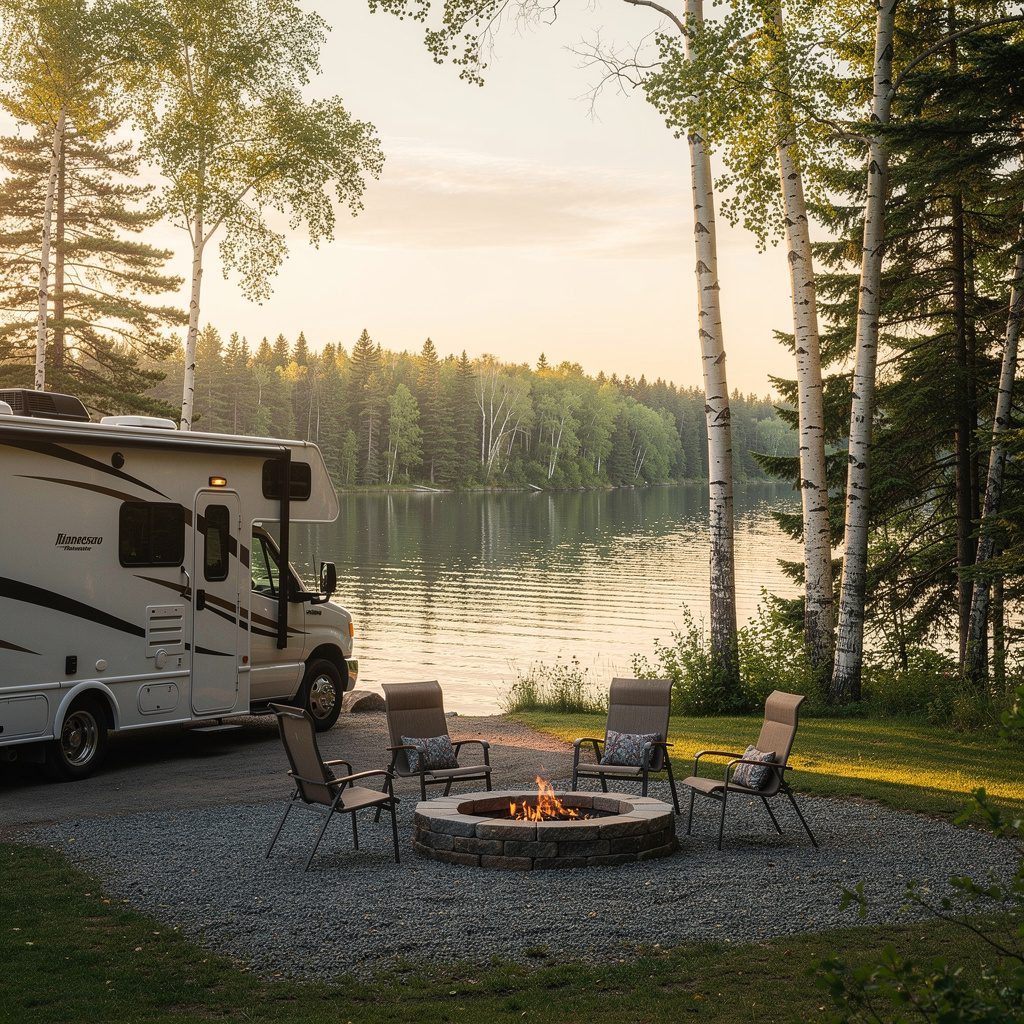 trusted-minnesota-rv-motorhome-insurance.jpg A modern motorhome parked at a beautiful lakeside campsite surrounded by pine trees during a golden Minnesota afternoon.